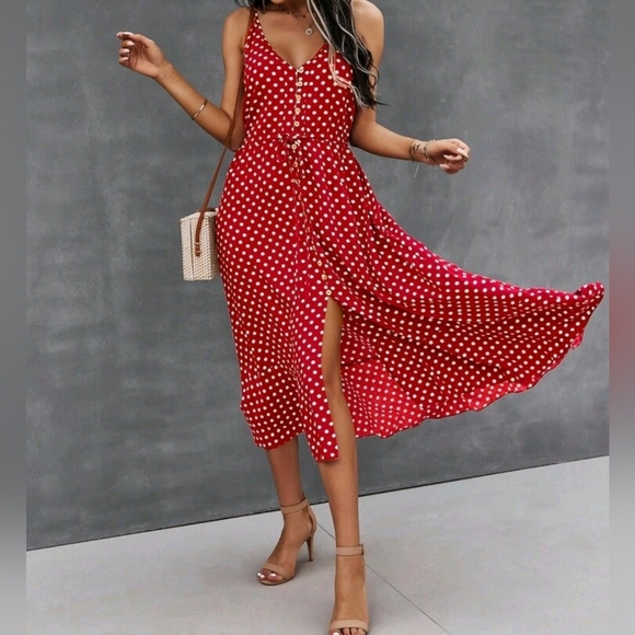 Dresses & Skirts - New Chic Flowy Polka Dot Button Front Cami Dress Midi Red White